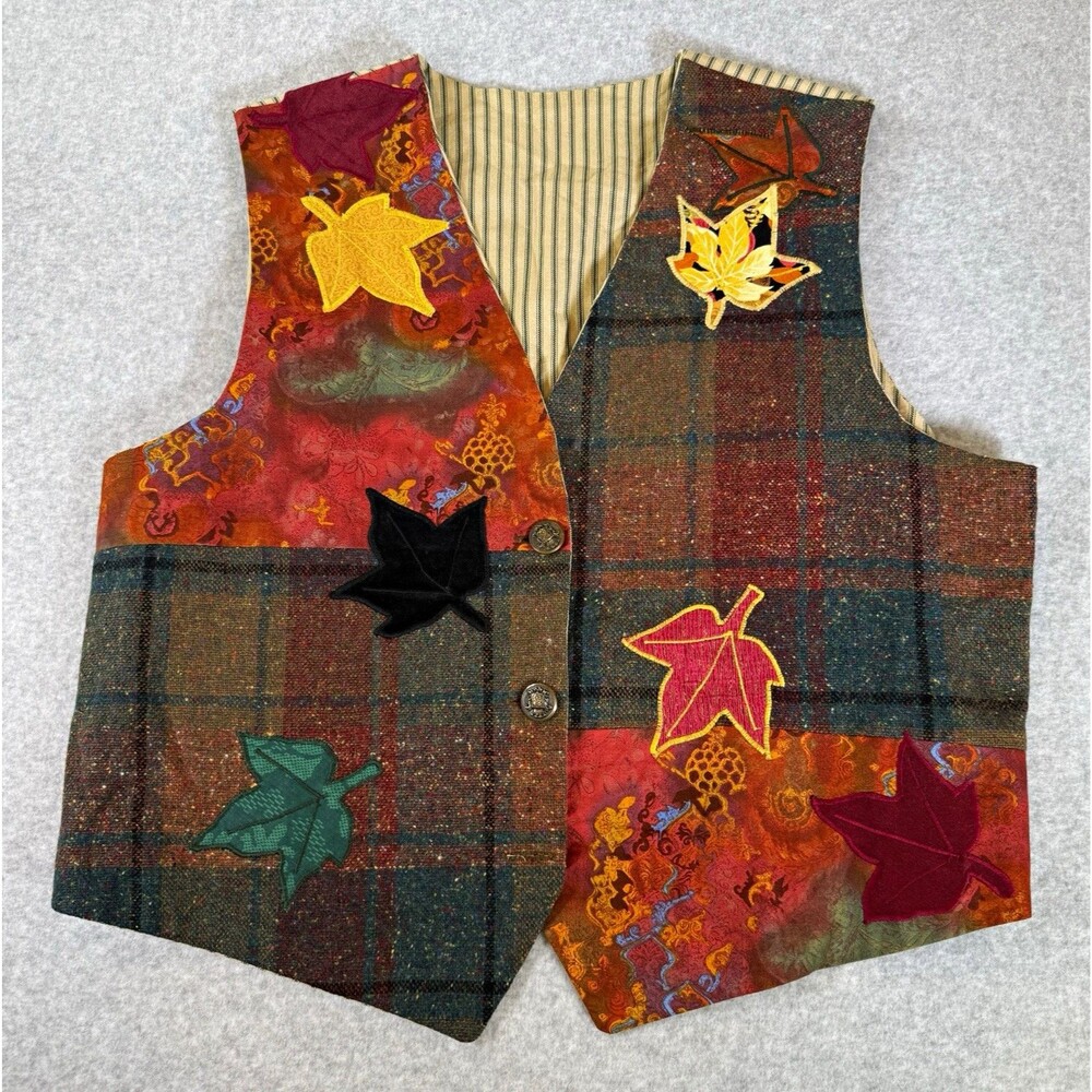 VTG 90s Handmade Fall Quilt Vest Tartan Plaid Patchwork Leaf Twill Button Up XL